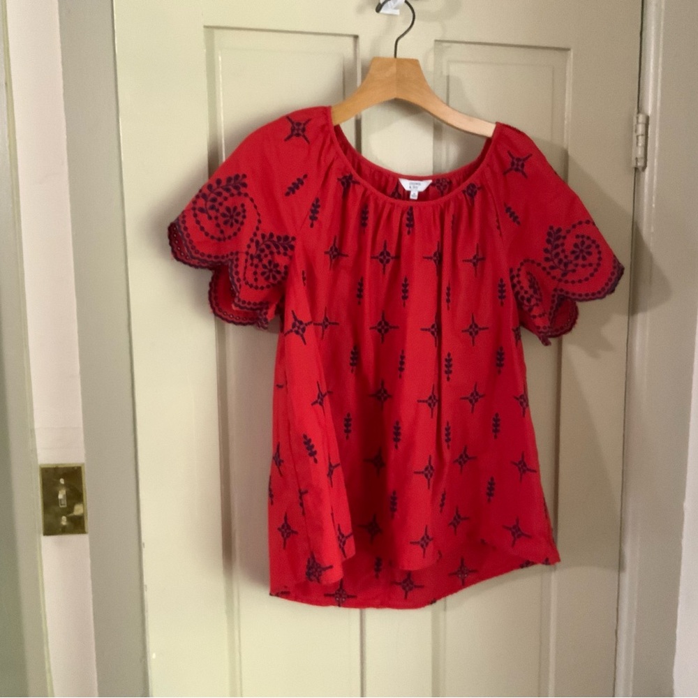 Crown & Ivy Red Top with Navy Embroidery